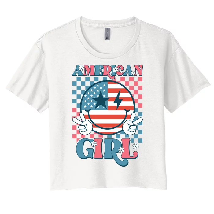 American Girl Retro Groovy 4th Of July Smile Peace Women's Crop Top Tee