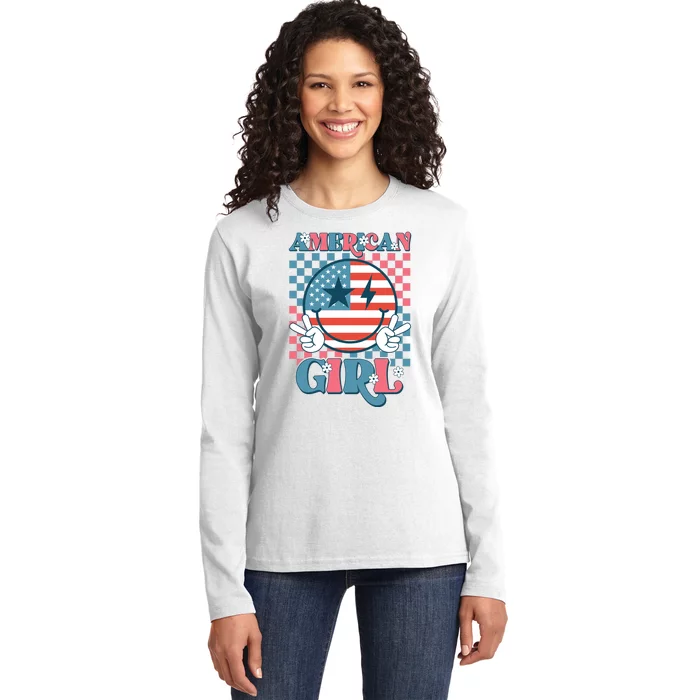 American Girl Retro Groovy 4th Of July Smile Peace Ladies Long Sleeve Shirt