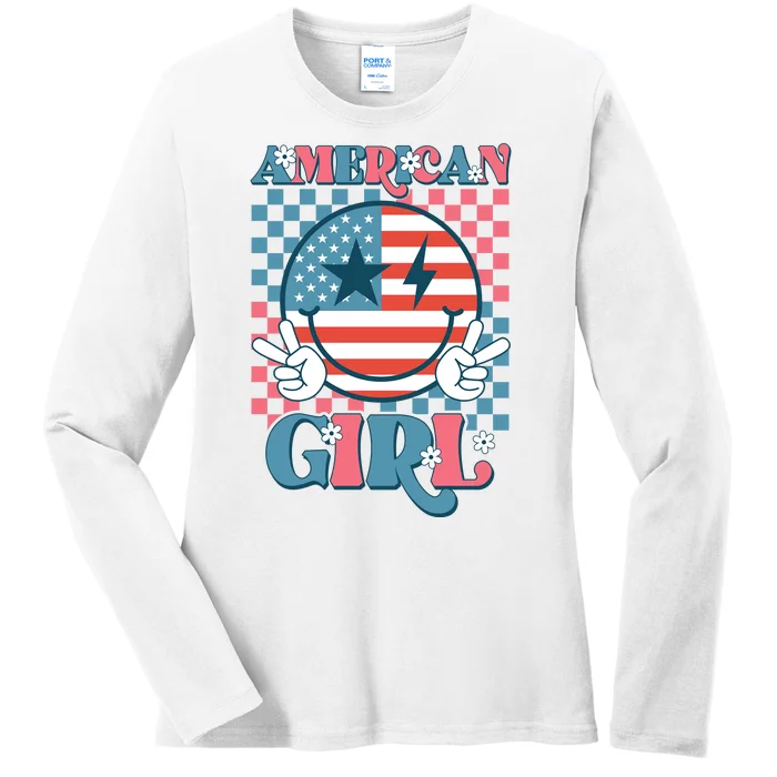 American Girl Retro Groovy 4th Of July Smile Peace Ladies Long Sleeve Shirt