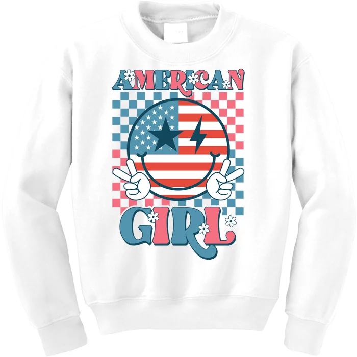 American Girl Retro Groovy 4th Of July Smile Peace Kids Sweatshirt