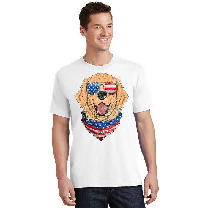 American Golden Retriever USA Flag 4th Of July Dad Mom Kids T-Shirt