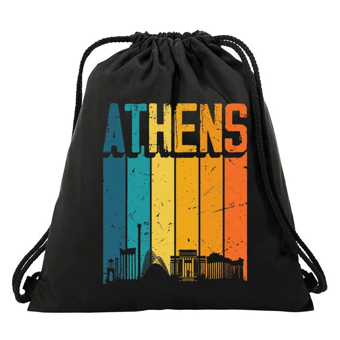 Athens Greece Retro Vintage Sunset Skyline Athens Drawstring Bag