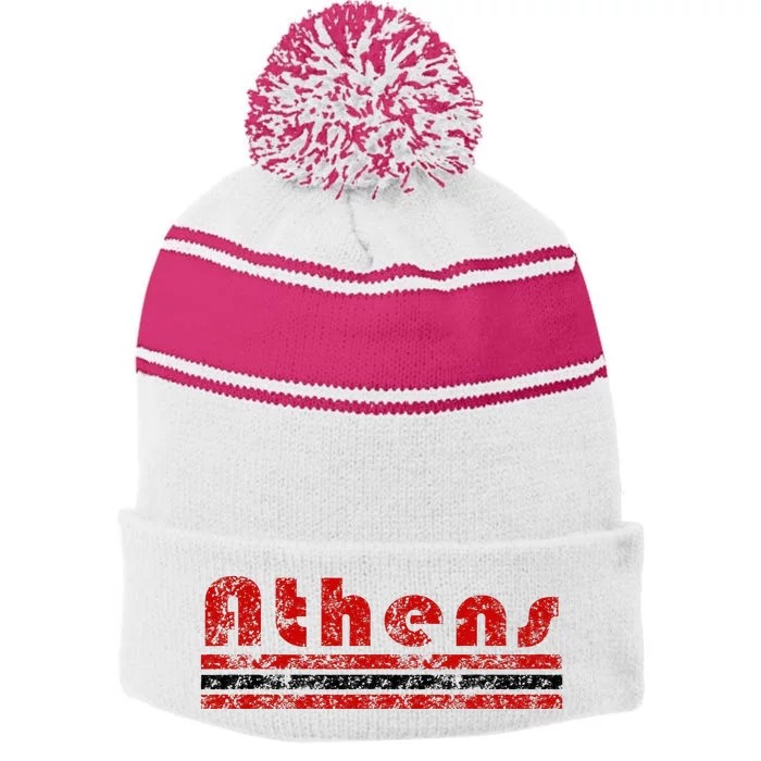 Athens Georgia Retro Three Stripe Weathered Stripe Pom Pom Beanie