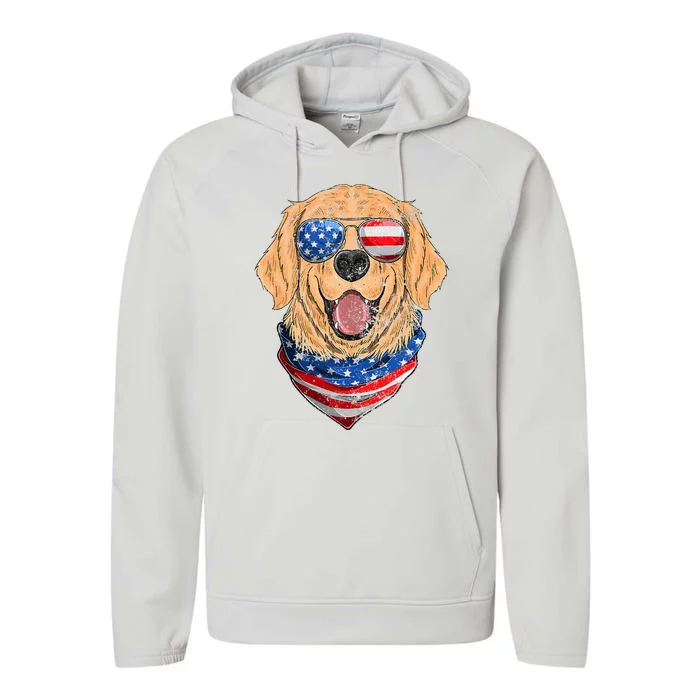 American Golden Retriever USA Flag 4th Of July Dad Mom Kids Performance Fleece Hoodie