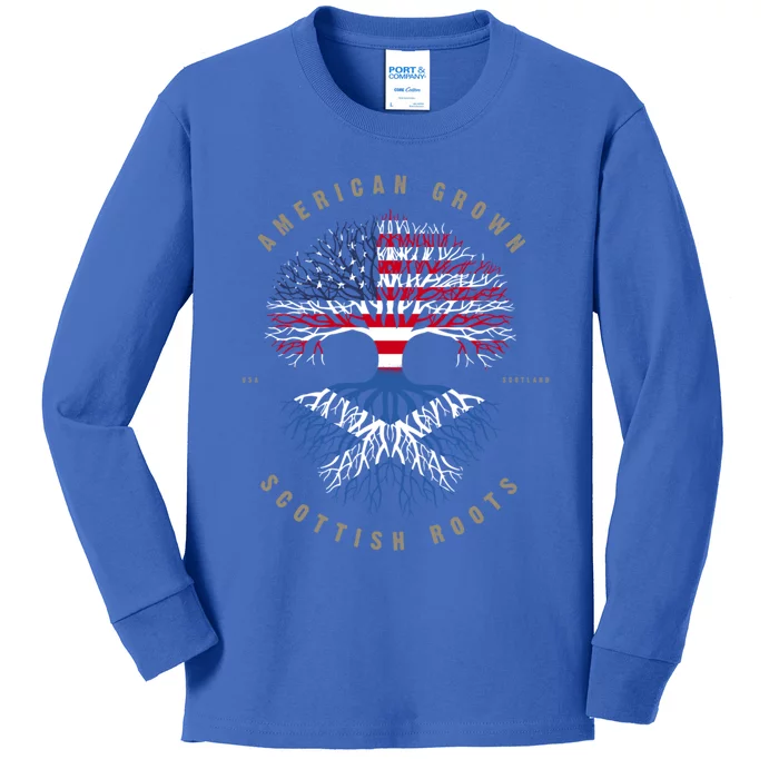 American Grown Scottish Roots Scotland Flag Gift Kids Long Sleeve Shirt