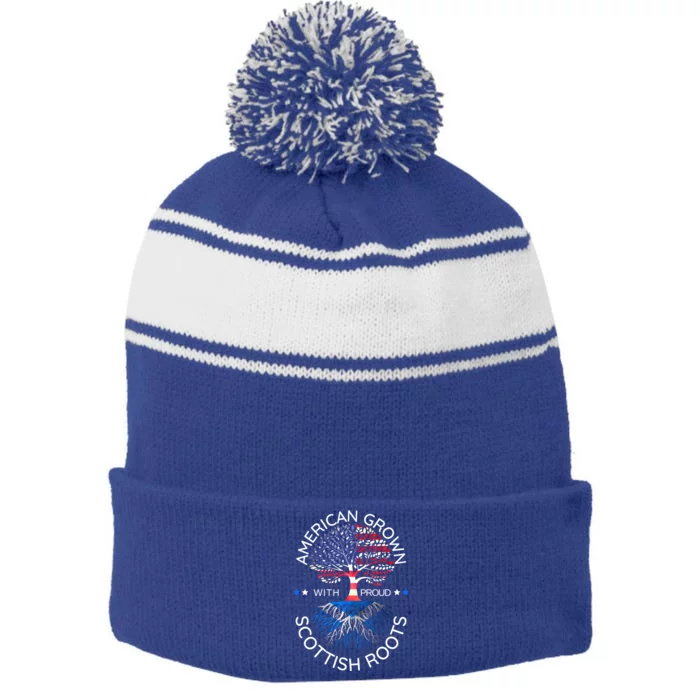 American Grown Scottish Roots Scotland Usa Heritage Tree Gift Stripe Pom Pom Beanie