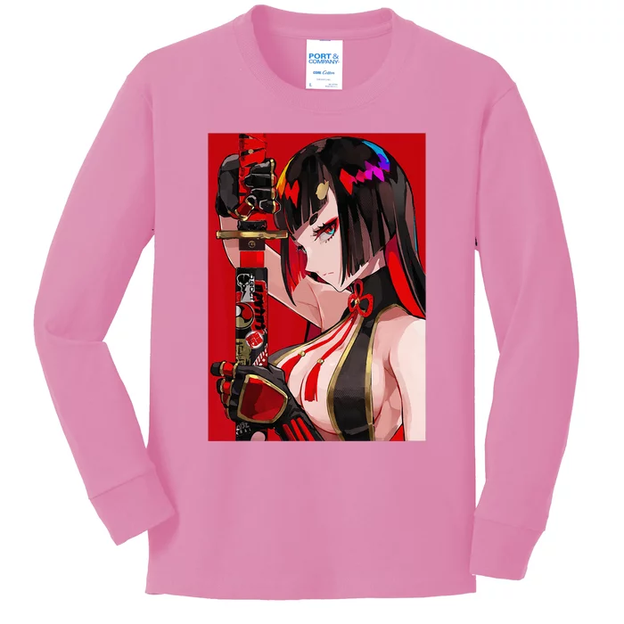 Anime Girl Samurai Waifu Japanese Aesthetic Otaku Weeb Kids Long Sleeve Shirt