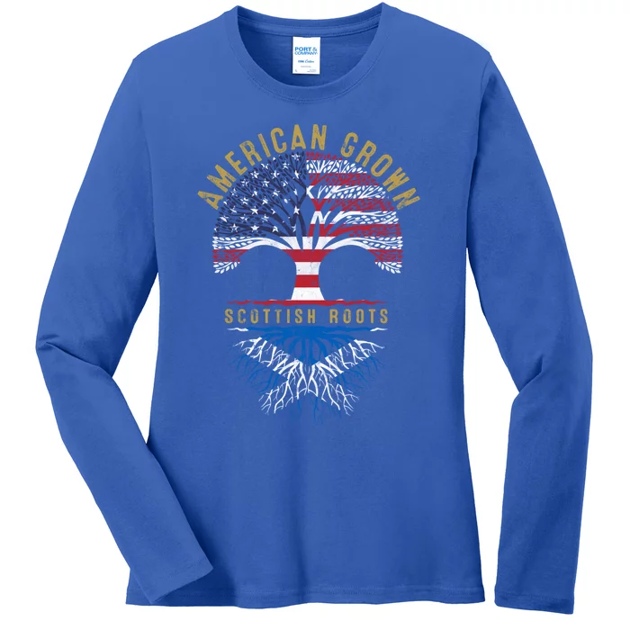 American Grown Scottish Roots Tree Flag Family Heritage Great Gift Ladies Long Sleeve Shirt