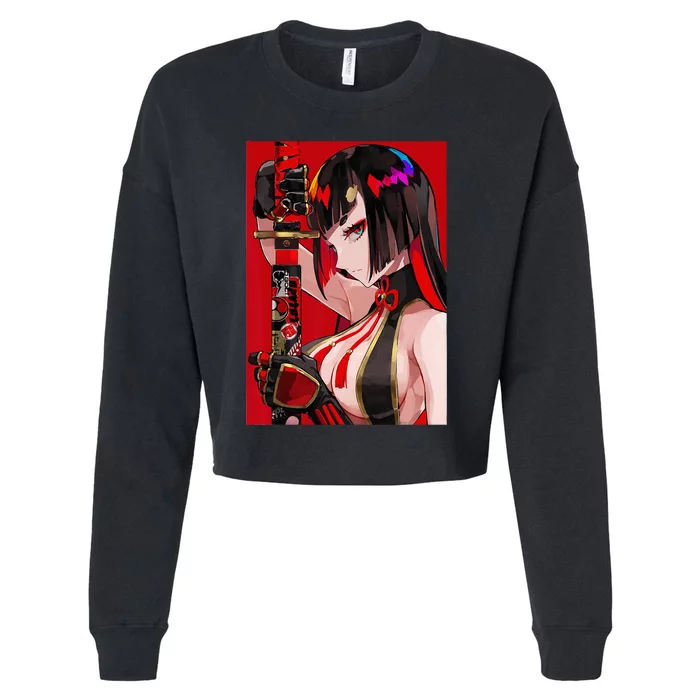 Anime Girl Samurai Waifu Japanese Aesthetic Otaku Weeb Cropped Pullover Crew