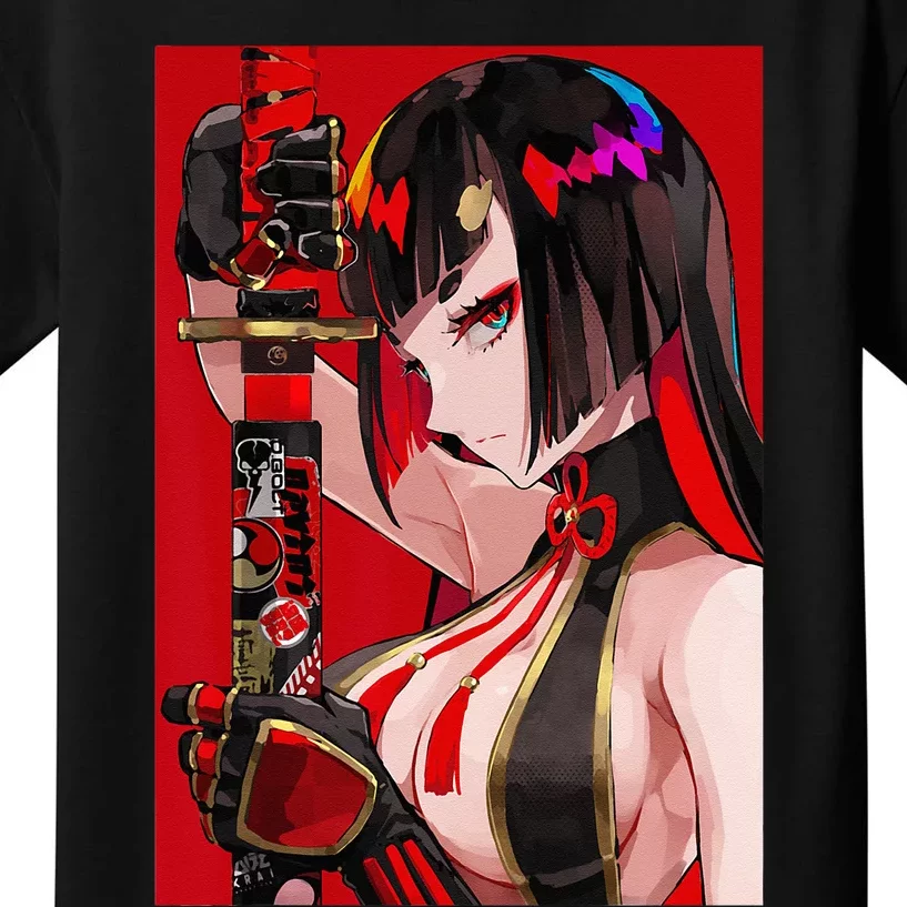 Anime Girl Samurai Waifu Japanese Aesthetic Otaku Weeb Kids T-Shirt