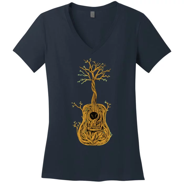 Acoustic Guitar Tree Of Life Guitar Player Nature Guitarist Women's V-Neck T-Shirt