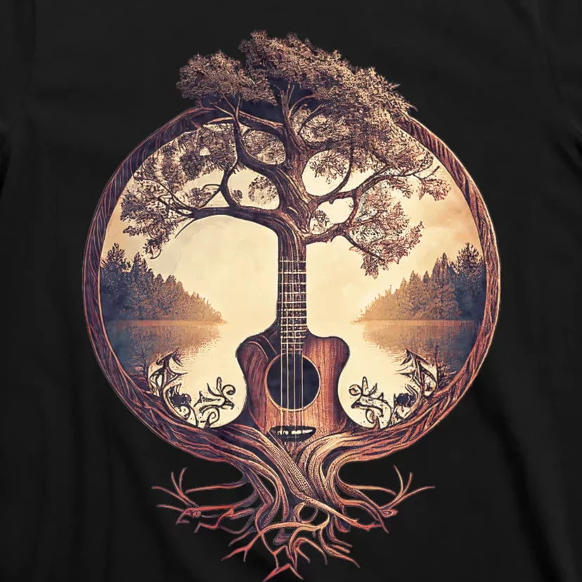 Acoustic Guitar Tree By The Lake Guitarist Nature T-Shirt