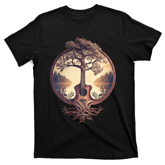 Acoustic Guitar Tree By The Lake Guitarist Nature T-Shirt