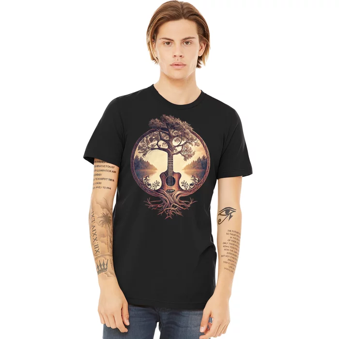 Acoustic Guitar Tree By The Lake Guitarist Nature Premium T-Shirt