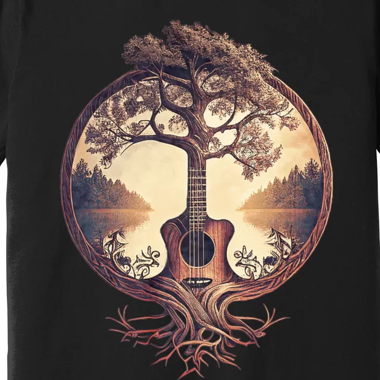 Acoustic Guitar Tree By The Lake Guitarist Nature Premium T-Shirt