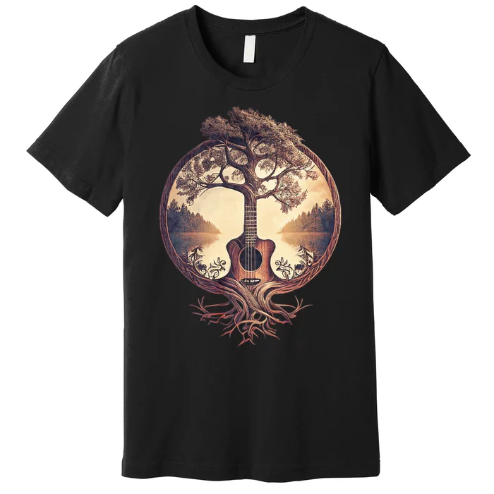 Acoustic Guitar Tree By The Lake Guitarist Nature Premium T-Shirt