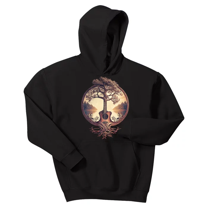 Acoustic Guitar Tree By The Lake Guitarist Nature Kids Hoodie