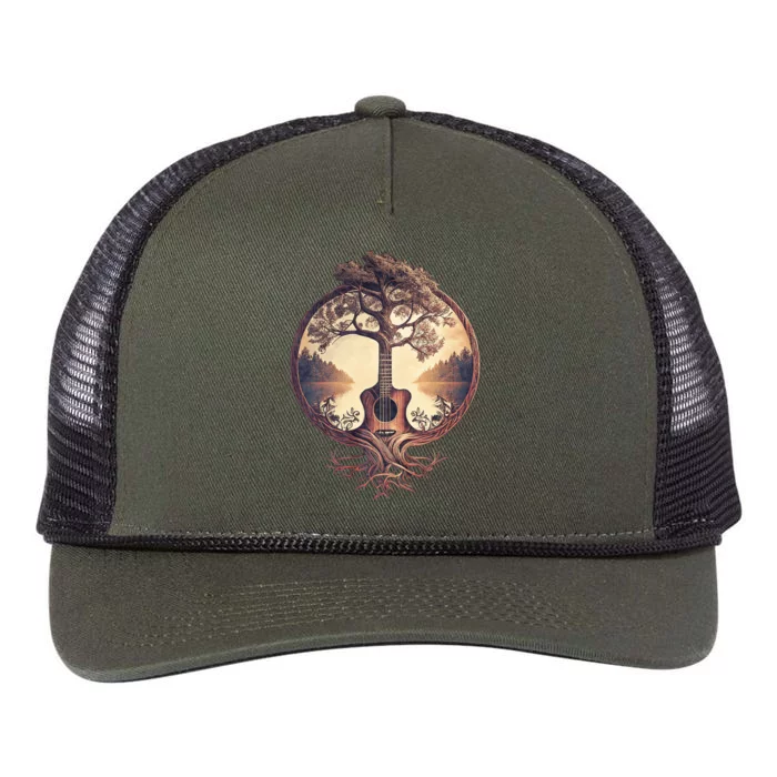 Acoustic Guitar Tree By The Lake Guitarist Nature Retro Rope Trucker Hat Cap