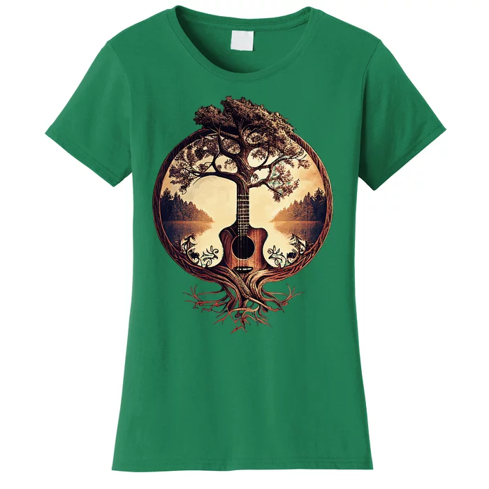 Acoustic Guitar Tree By The Lake Guitarist Women's T-Shirt