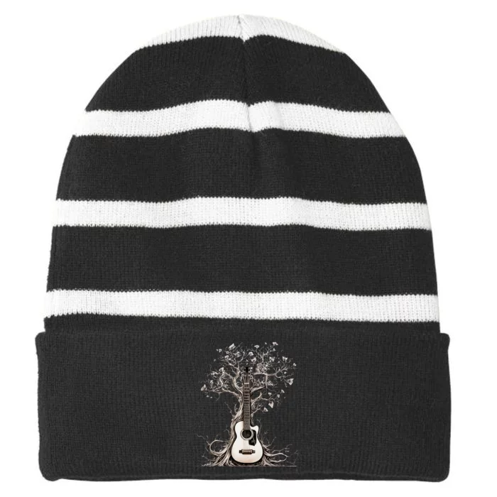 Acoustic Guitar Tree Of Life Nature Of Music Guitarist Striped Beanie with Solid Band