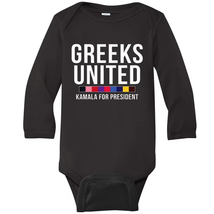 A Greeks United President Election Vote For Kamala Harris Baby Long Sleeve Bodysuit