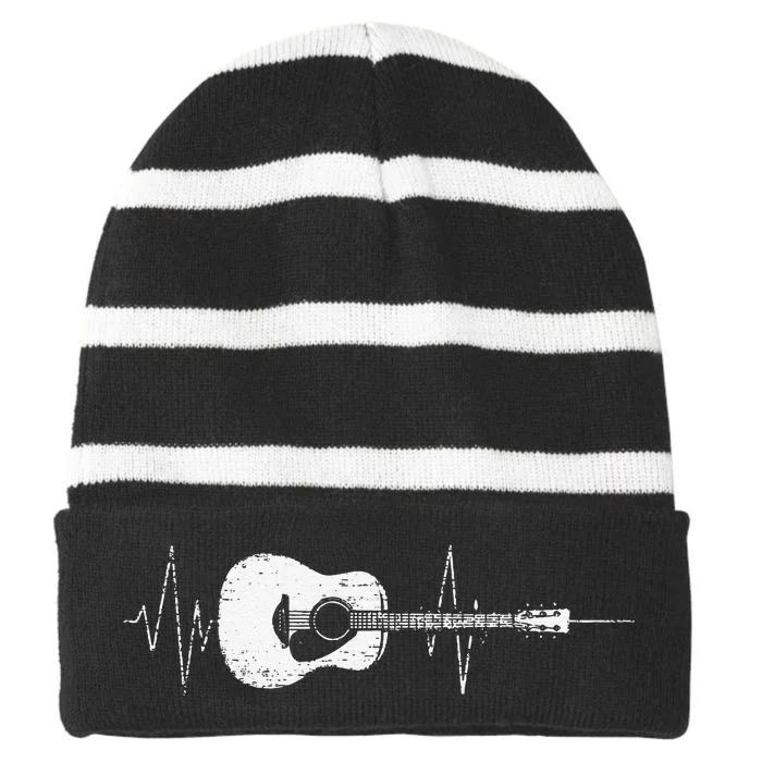 Acoustic Guitar Vintage Heartbeat Gift for Musicians Striped Beanie with Solid Band