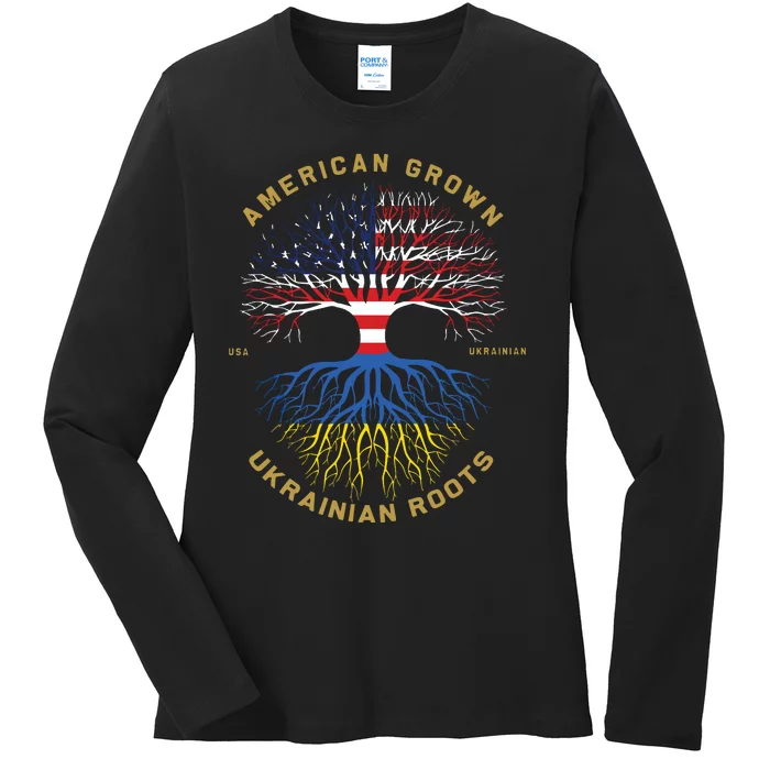 American Grown With Ukrainian Roots Tree Vintage Usa Flag Ladies Long Sleeve Shirt