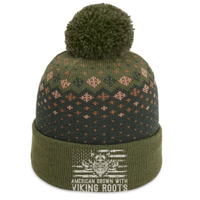 American Grown With Viking Roots USA Flag Scandinavia Viking The Baniff Cuffed Pom Beanie