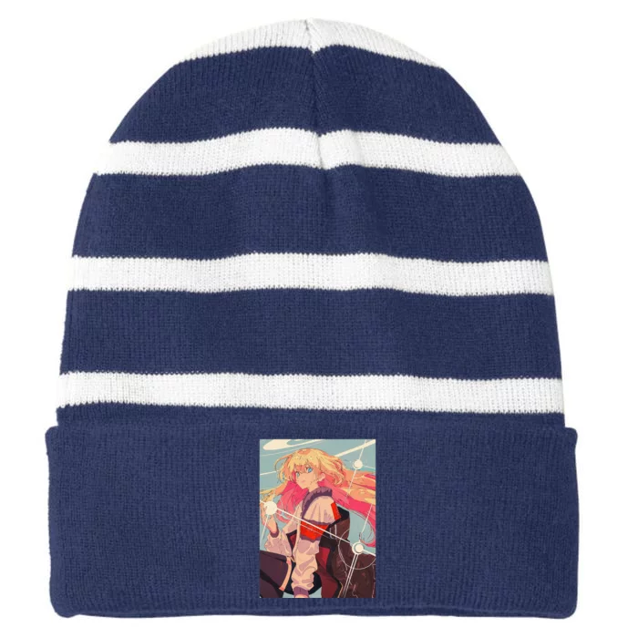 Anime Girl Waifu Japanese Retro 90s Lofi Aesthetic Otaku Striped Beanie with Solid Band