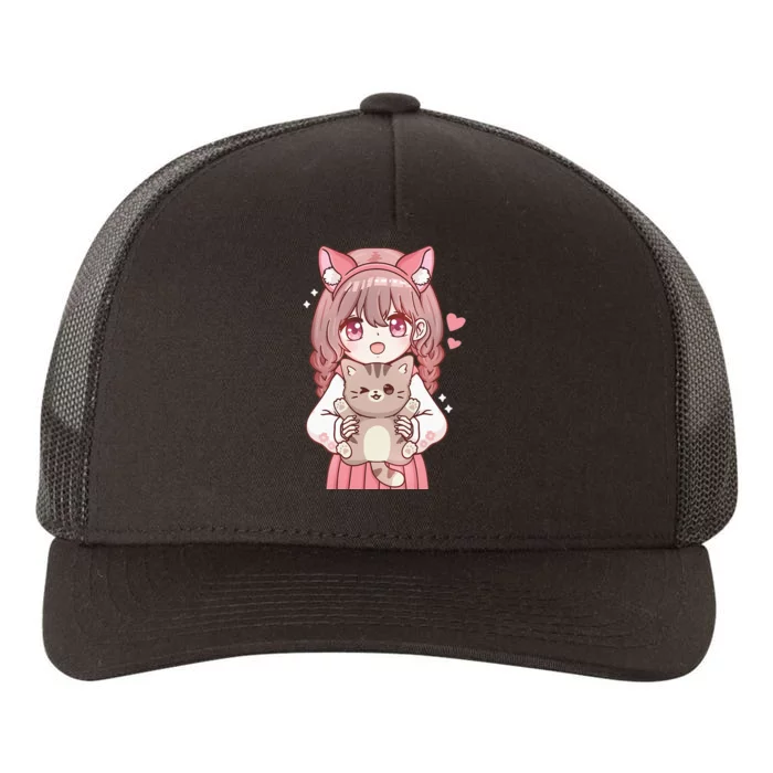 Anime Girl With Cat Kawaii Cat Lover Otaku Yupoong Adult 5-Panel Trucker Hat