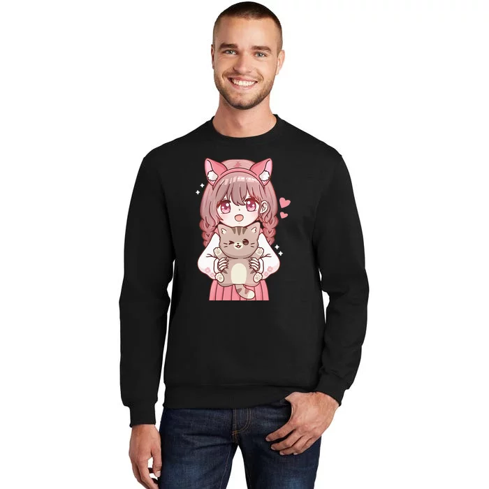 Anime Girl With Cat Kawaii Cat Lover Otaku Sweatshirt