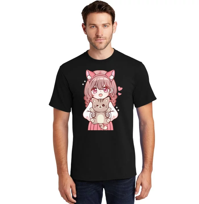 Anime Girl With Cat Kawaii Cat Lover Otaku Tall T-Shirt