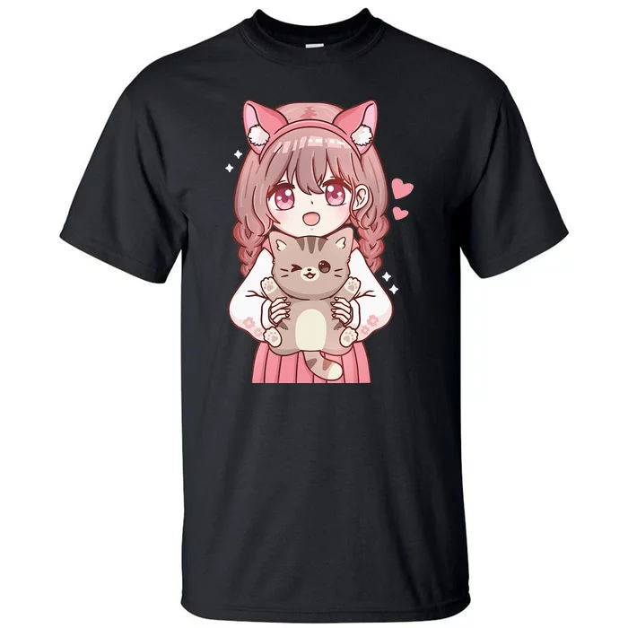 Anime Girl With Cat Kawaii Cat Lover Otaku Tall T-Shirt