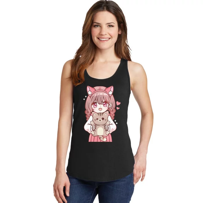 Anime Girl With Cat Kawaii Cat Lover Otaku Ladies Essential Tank