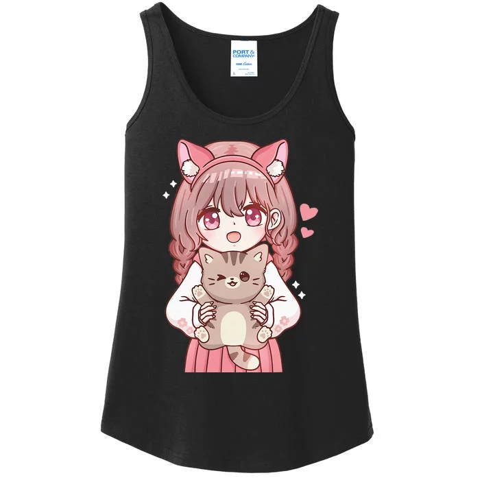 Anime Girl With Cat Kawaii Cat Lover Otaku Ladies Essential Tank