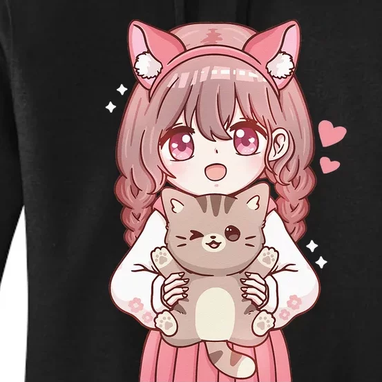 Anime Girl With Cat Kawaii Cat Lover Otaku Women's Pullover Hoodie