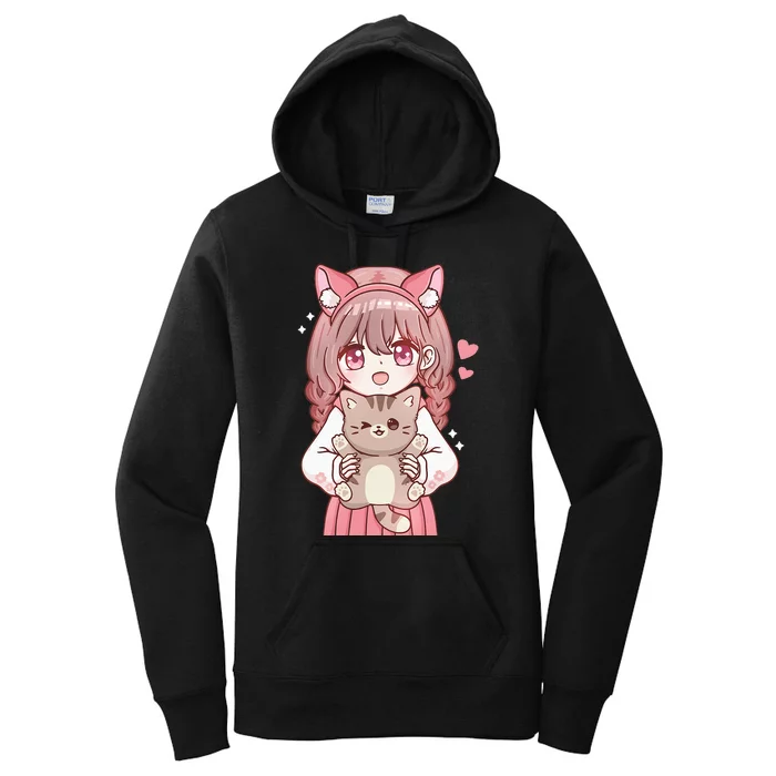 Anime Girl With Cat Kawaii Cat Lover Otaku Women's Pullover Hoodie