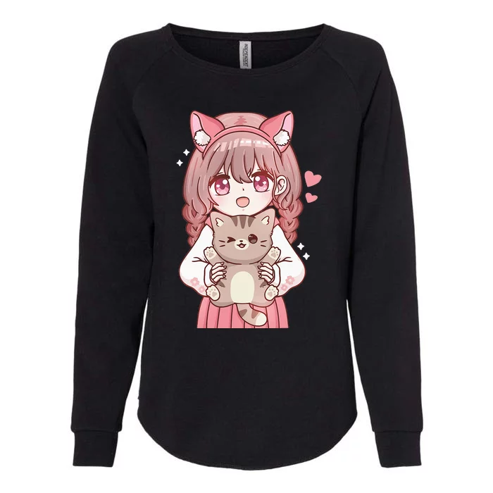 Anime Girl With Cat Kawaii Cat Lover Otaku Womens California Wash Sweatshirt