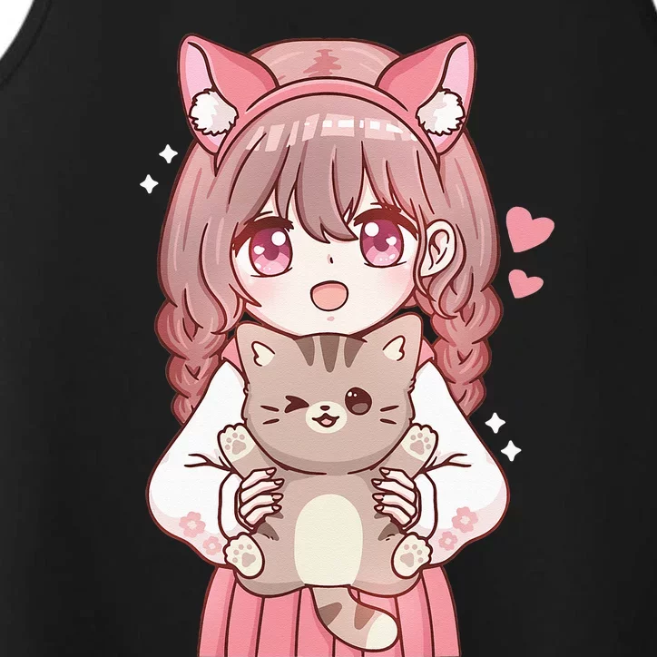 Anime Girl With Cat Kawaii Cat Lover Otaku Performance Tank