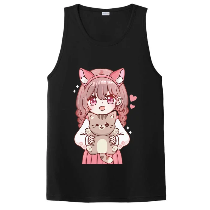 Anime Girl With Cat Kawaii Cat Lover Otaku Performance Tank