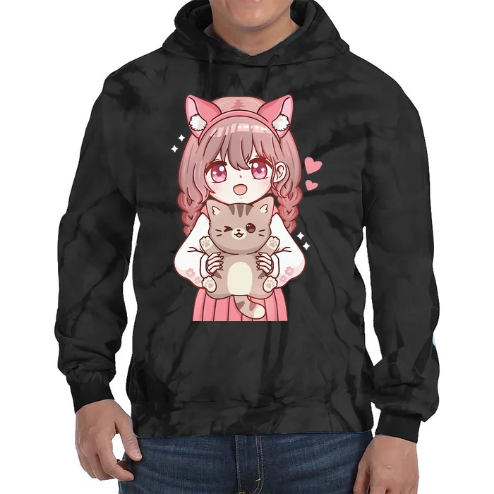 Anime Girl With Cat Kawaii Cat Lover Otaku Tie Dye Hoodie