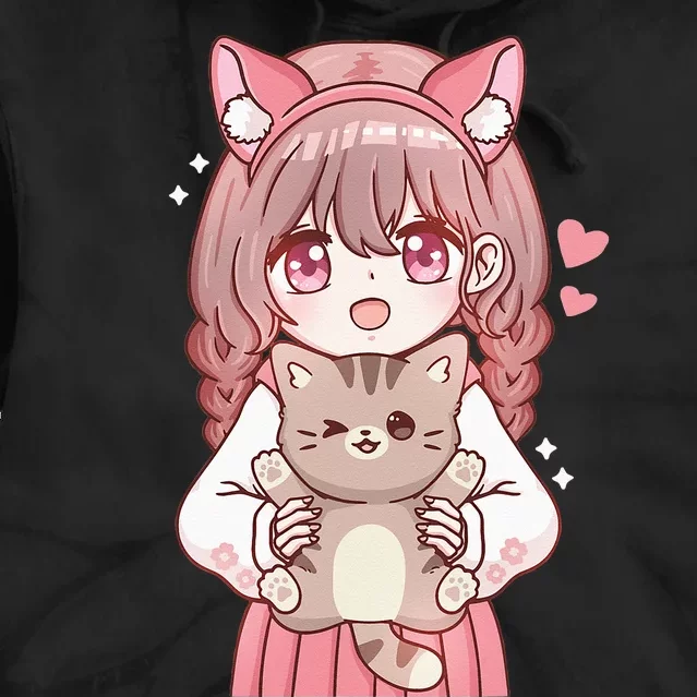 Anime Girl With Cat Kawaii Cat Lover Otaku Tie Dye Hoodie