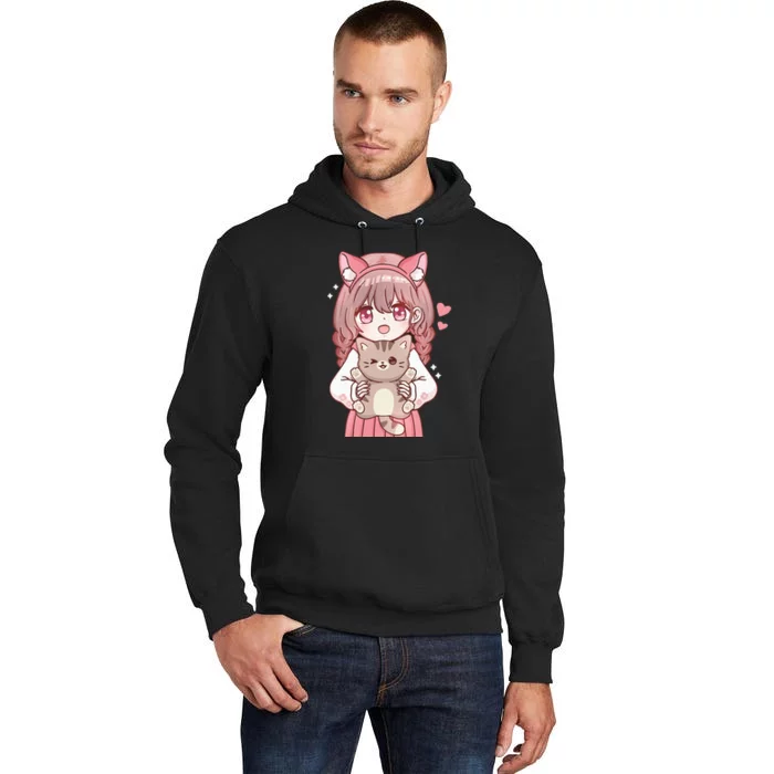 Anime Girl With Cat Kawaii Cat Lover Otaku Tall Hoodie