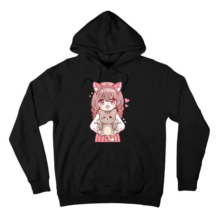 Anime Girl With Cat Kawaii Cat Lover Otaku Tall Hoodie