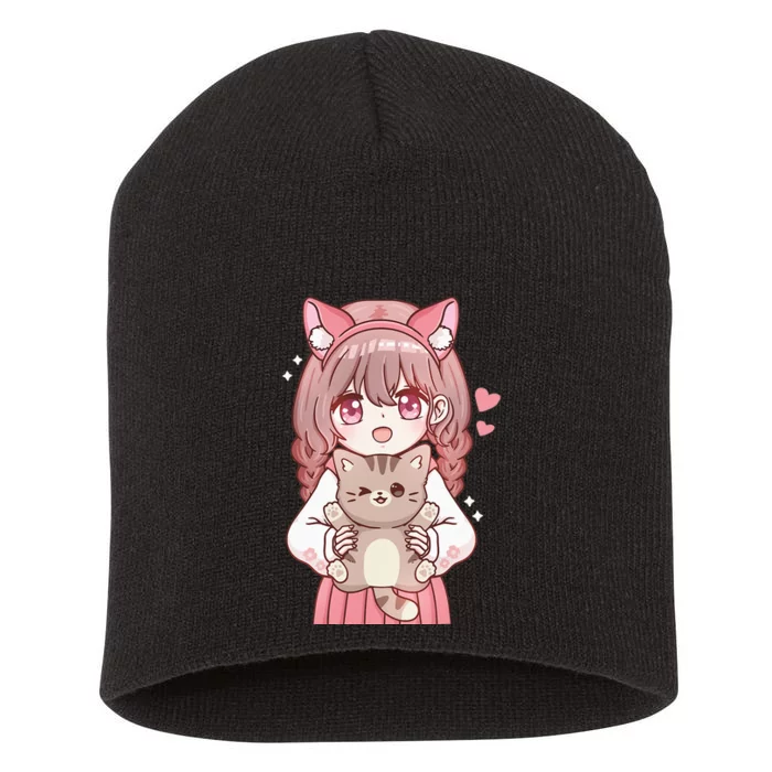 Anime Girl With Cat Kawaii Cat Lover Otaku Short Acrylic Beanie