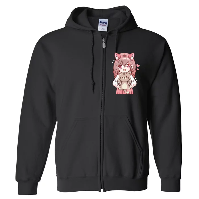 Anime Girl With Cat Kawaii Cat Lover Otaku Full Zip Hoodie