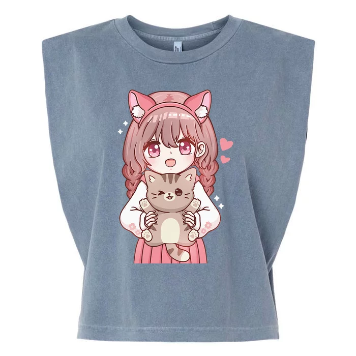 Anime Girl With Cat Kawaii Cat Lover Otaku Garment-Dyed Women's Muscle Tee