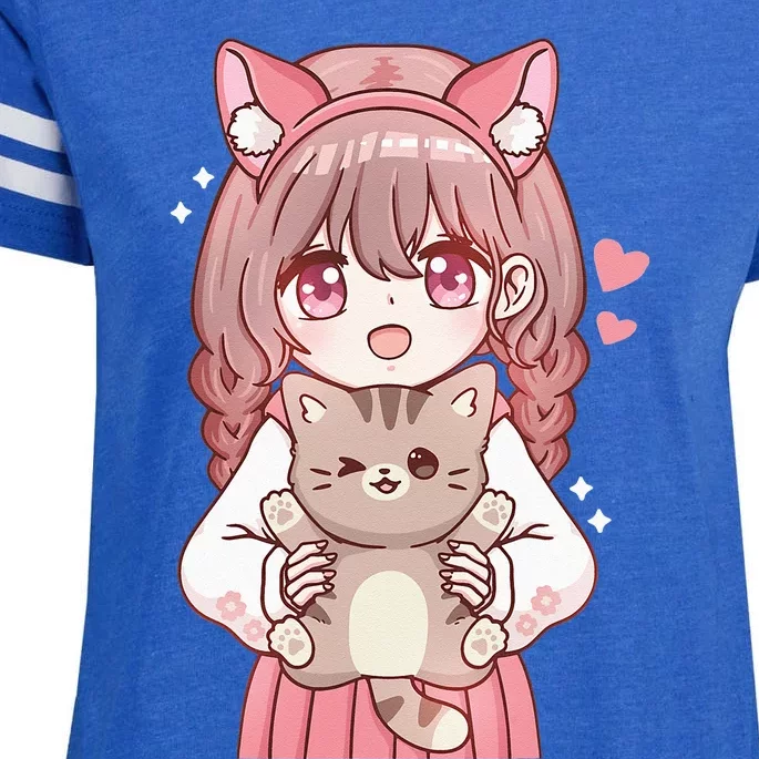 Anime Girl With Cat Kawaii Cat Lover Otaku Enza Ladies Jersey Football T-Shirt