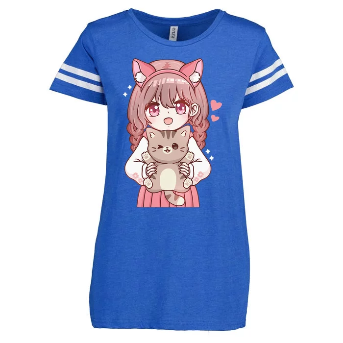 Anime Girl With Cat Kawaii Cat Lover Otaku Enza Ladies Jersey Football T-Shirt