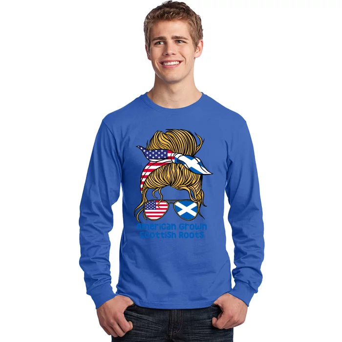 American Grown With Scottish Roots Messy Bun Gift Long Sleeve Shirt